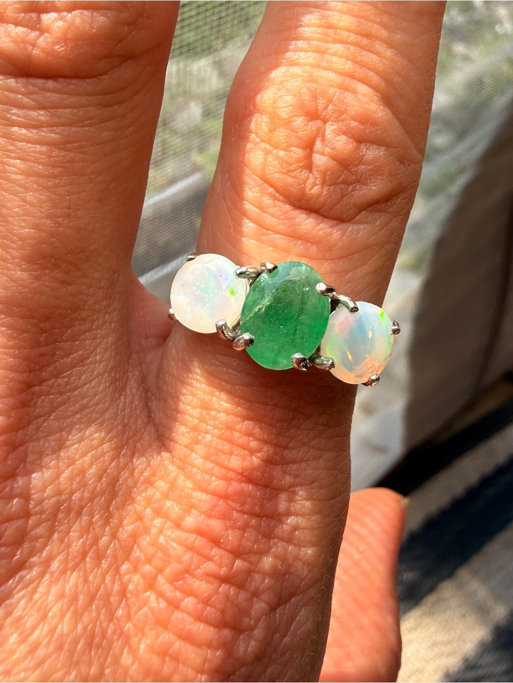 Natural Green Emerald and Fire Opal Three-Stone Ring Sz 9
